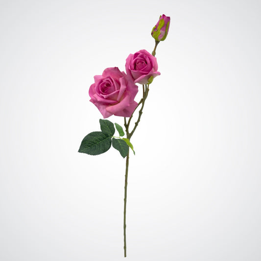 Full length view of mauve artificial rose stem featuring two full 'tea rose' blooms and a delicate Real Touch rosebud with deep pink hues and subtle purple undertones by My Faux Florist.