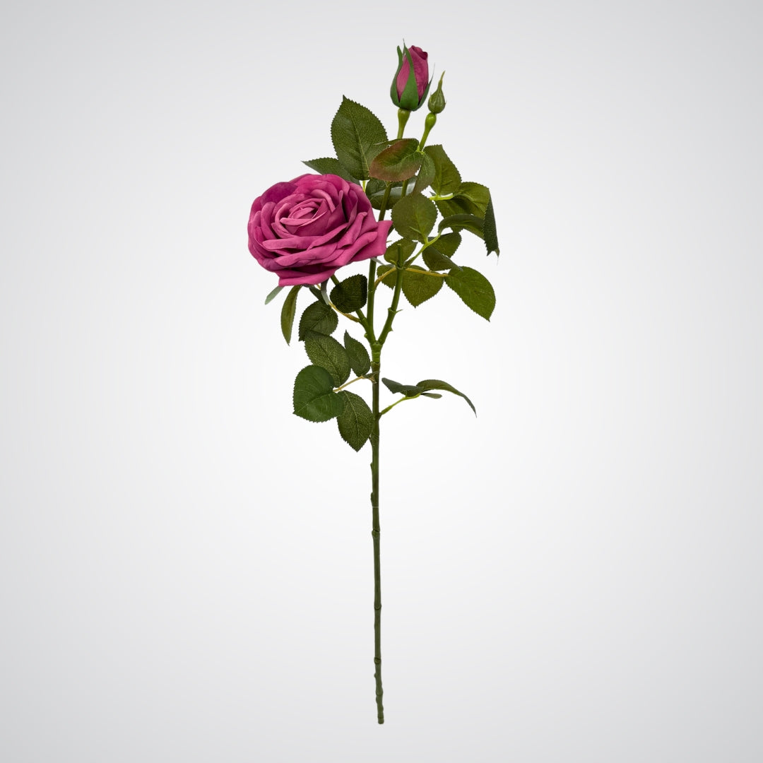 single full burgundy realistic artificial rose spray with fully open and closed buds, and green leaves by My Faux Florist Canada