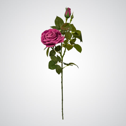 single full burgundy realistic artificial rose spray with fully open and closed buds, and green leaves by My Faux Florist Canada