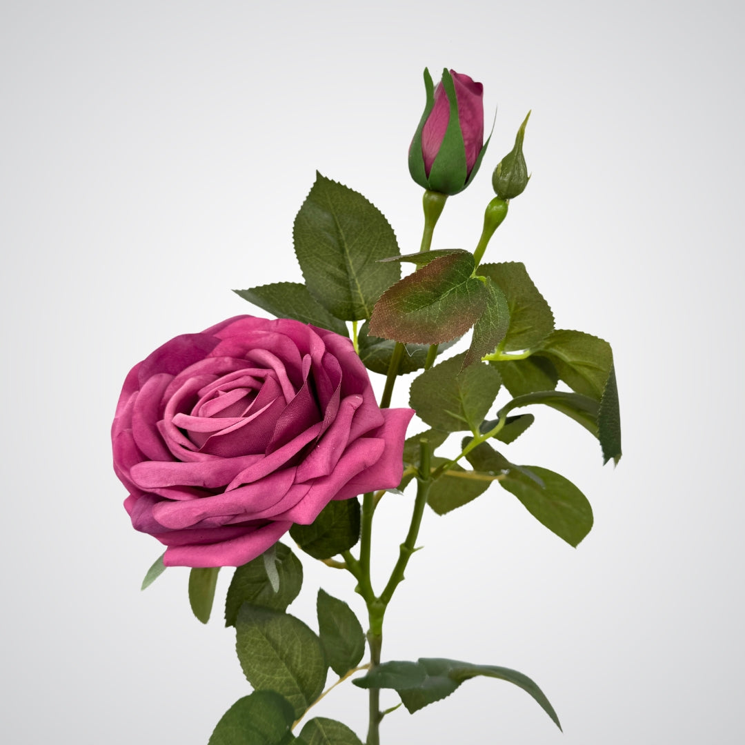 Close up of burgundy realistic artificial rose spray with fully open and closed buds, and green leaves by My Faux Florist Canada