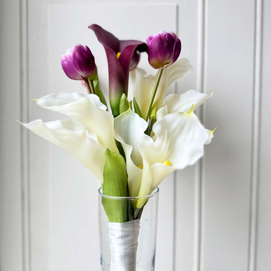 Realistic artificial flower bridal bouquet featuring white artificial orchids, deep wine artificial calla lilies, white artificial calla lilies, and lavender artificial tulips — from My Faux Florist Canada.