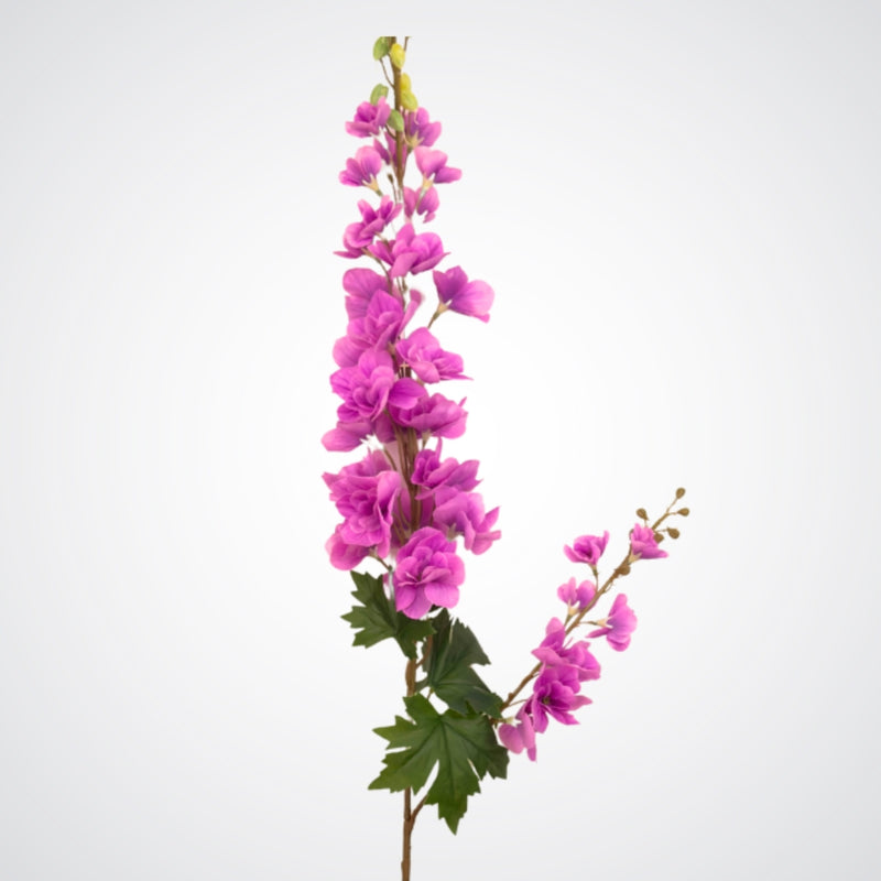 Medium close view of the bloom head of a fuchsia artificial delphinium flower with lifelike Real Touch details, by My Faux Florist Canada