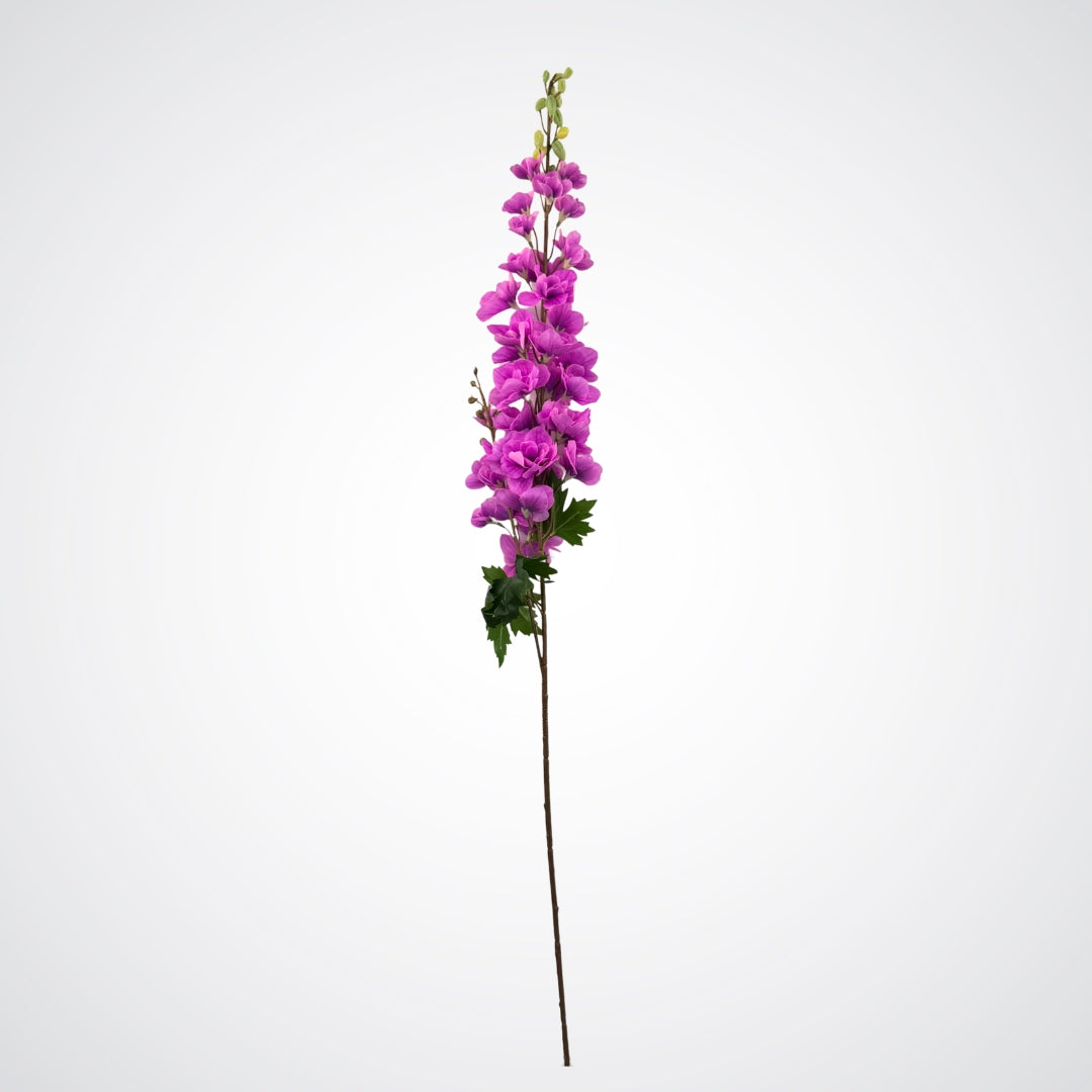 Full stem view of a fuchsia artificial delphinium with lifelike Real Touch details, by My Faux Florist Canada