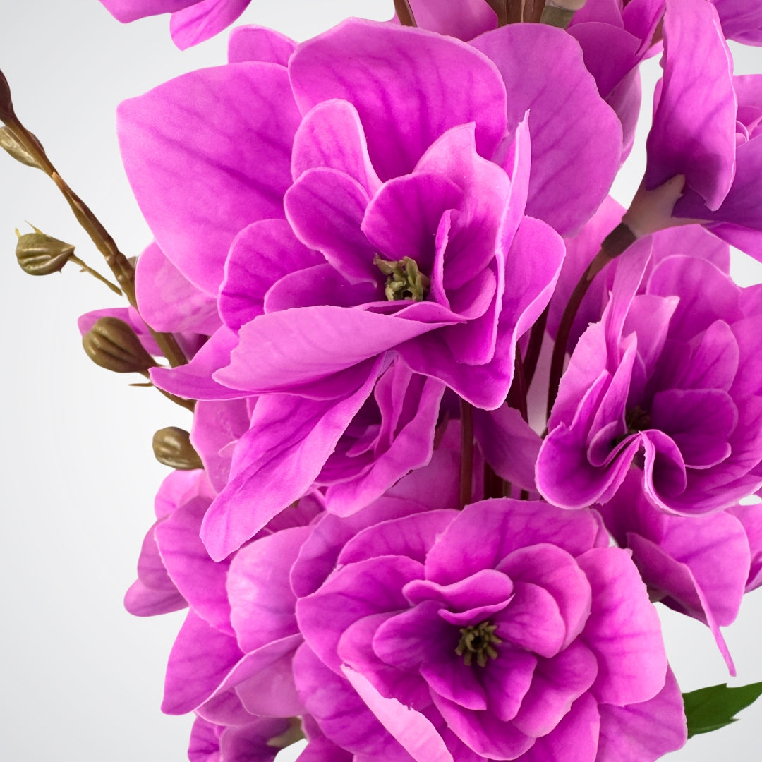 Close up view of a fuchsia artificial delphinium flower with lifelike Real Touch details, by My Faux Florist Canada