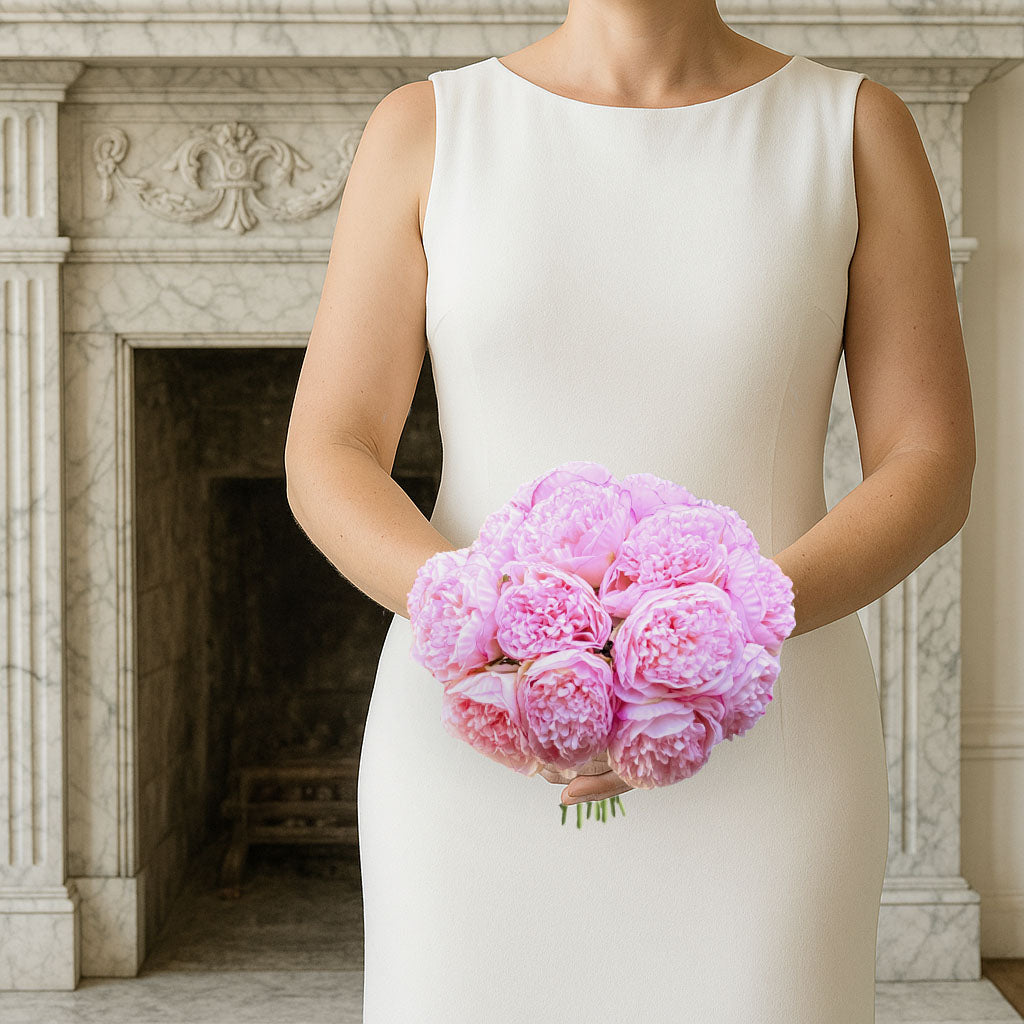 Bride holding a bouquet of pink faux peonies in front of a decorative fireplace,  by My Faux Florist artificial flowers Canada.