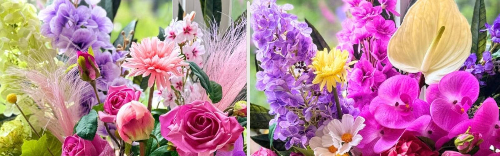 Two vibrant fake flower arrangements with a mix of pink faux roses, purple faux lilac, and yellow fake daisies and Real Touch flowers, by My Faux Florist artificial flowers Canada.