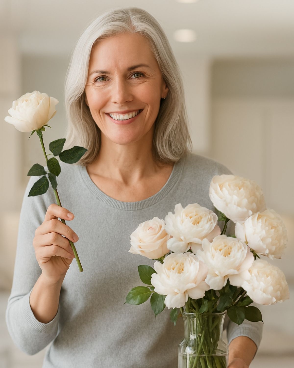 Artificial Flowers Canada. Woman arranging a bouquet of white faux roses in a clear glass vase indoors. Realistic fake flowers by My Faux Florist.