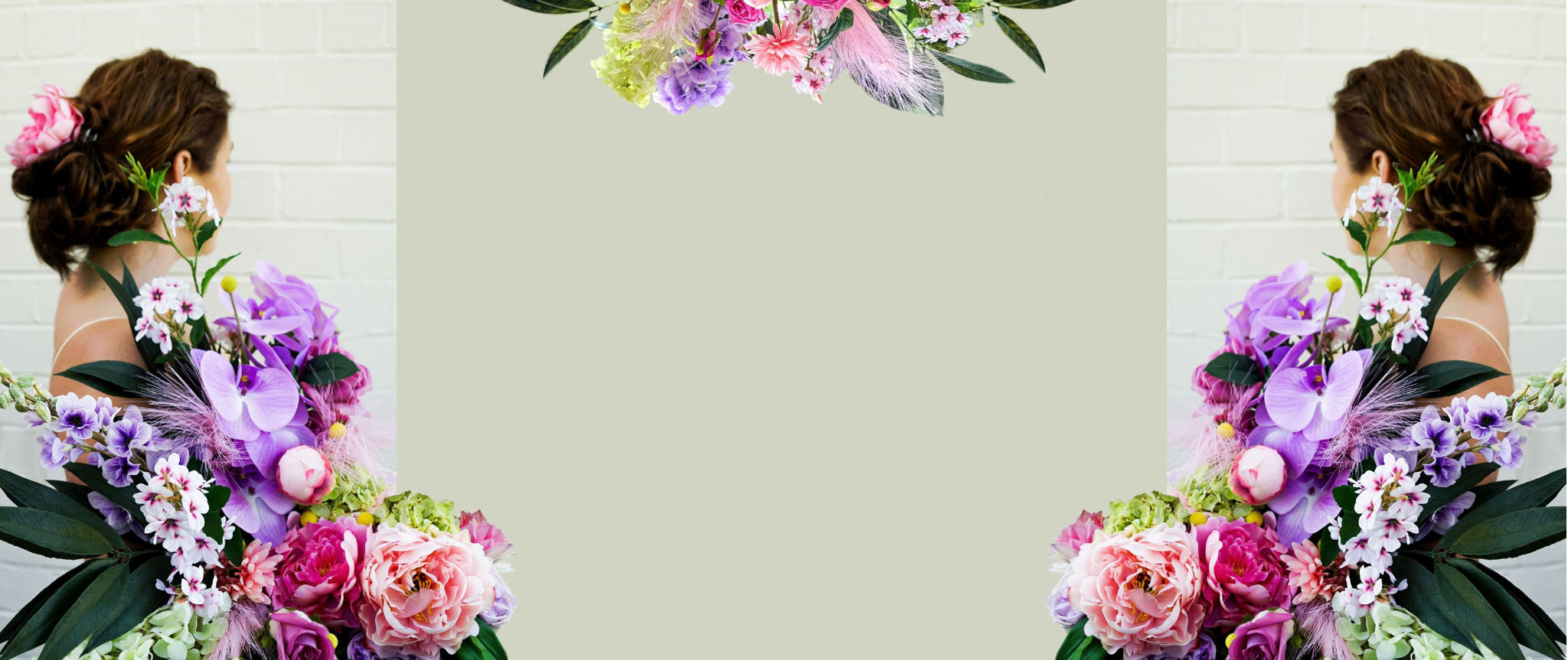 Woman with floral hair accessories and realistic fake flower bouquet against a white brick wall for My Faux Florist Canada.