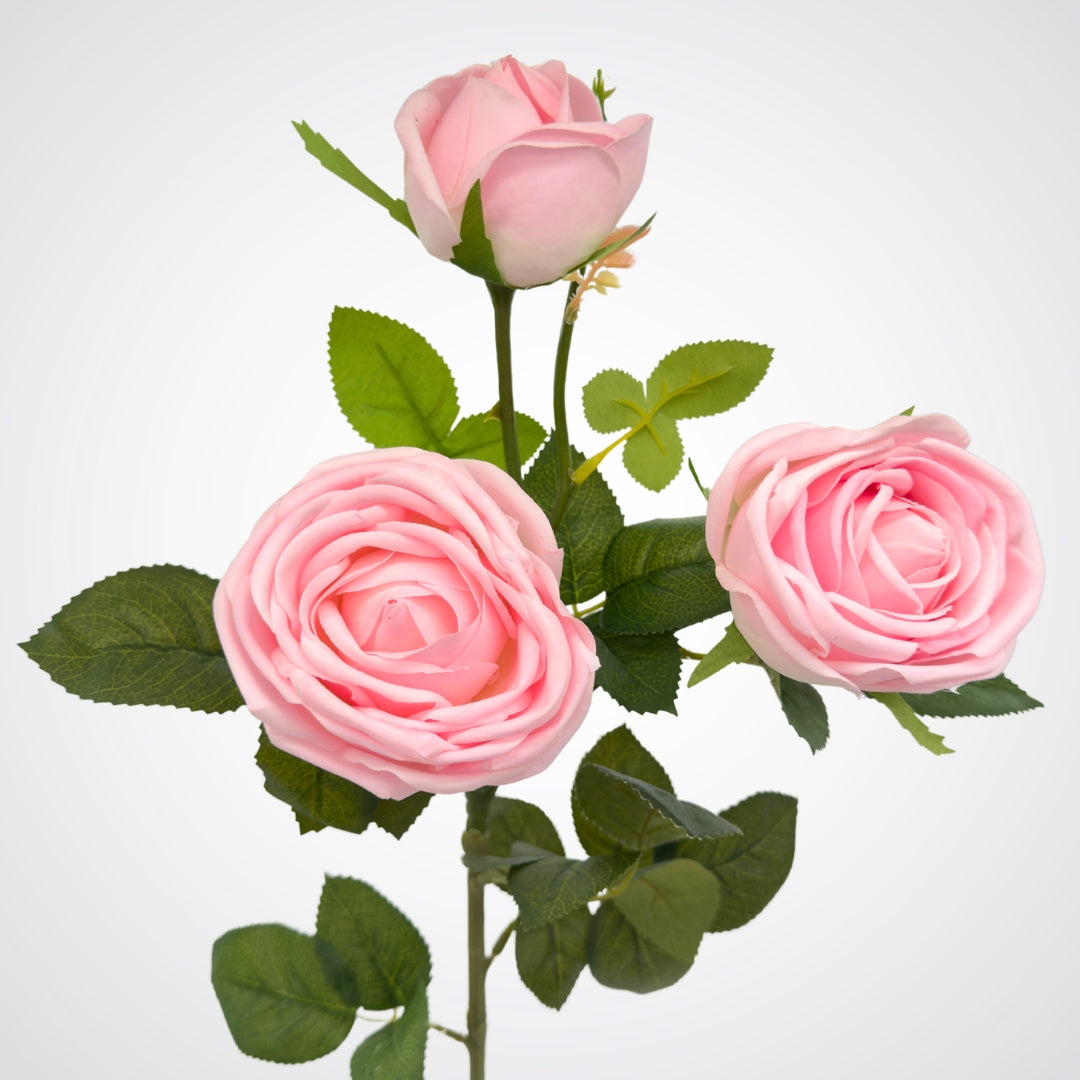 Pink artificial rose stem with 3 aux rose blooms on a white background from My Faux Florist Canada