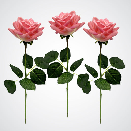 Set of 3 full length coral pink artificial tea roses that are Real Touch realistic looking fake roses by My Faux Florist Canada