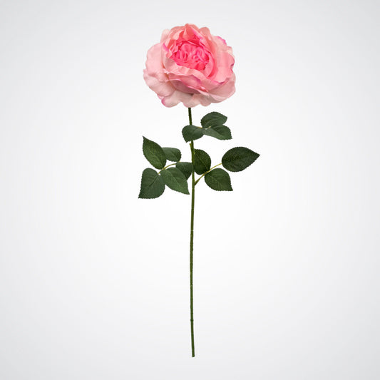 Pink artificial rose with green leaves on a white background from My Faux Florist Canada
