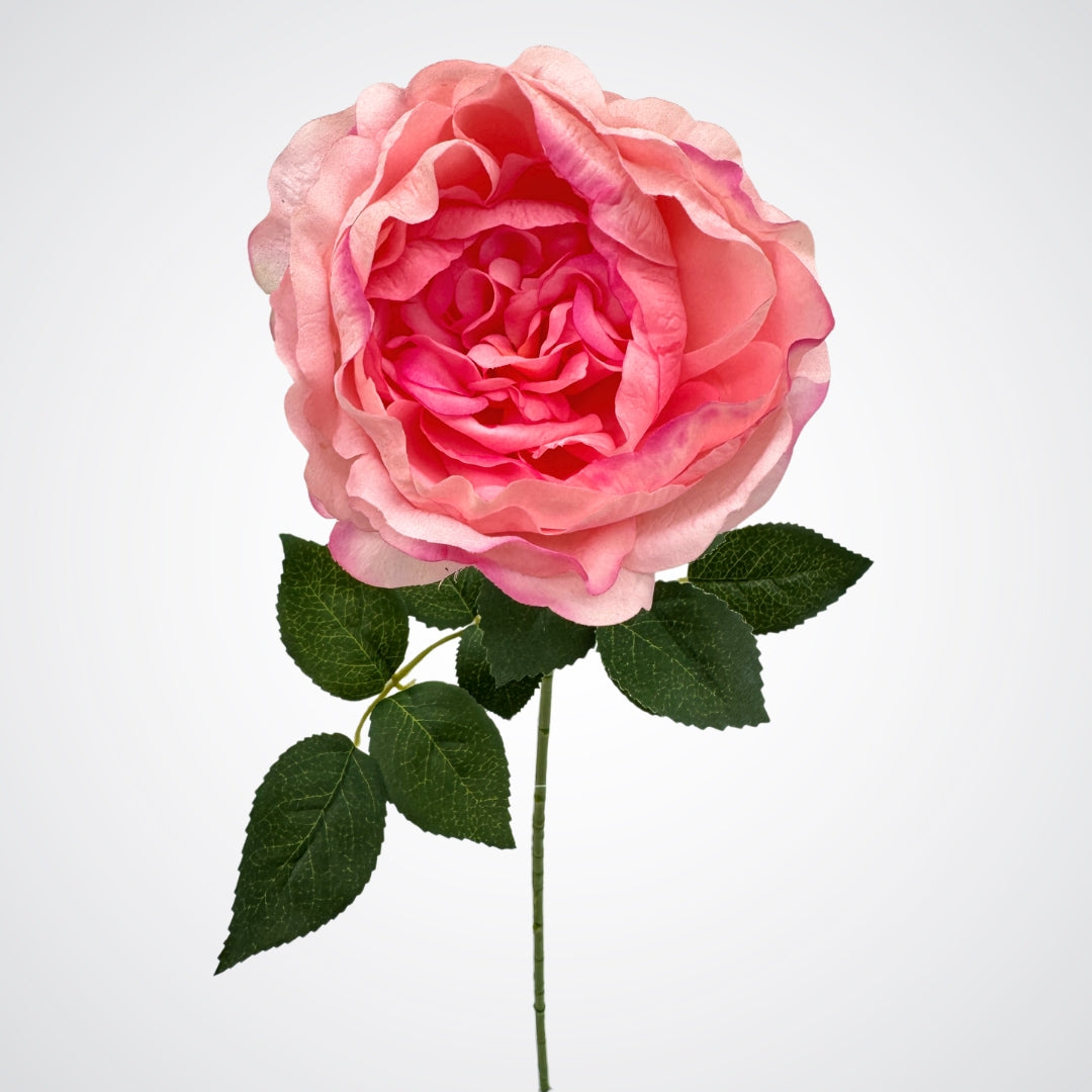 lifelike Pink fake rose with green leaves on a white background from My Faux Florist Canada