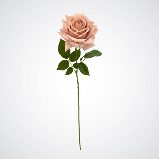 Single pink fake rose with green leaves on a light gray background, from My Faux Florist Canada