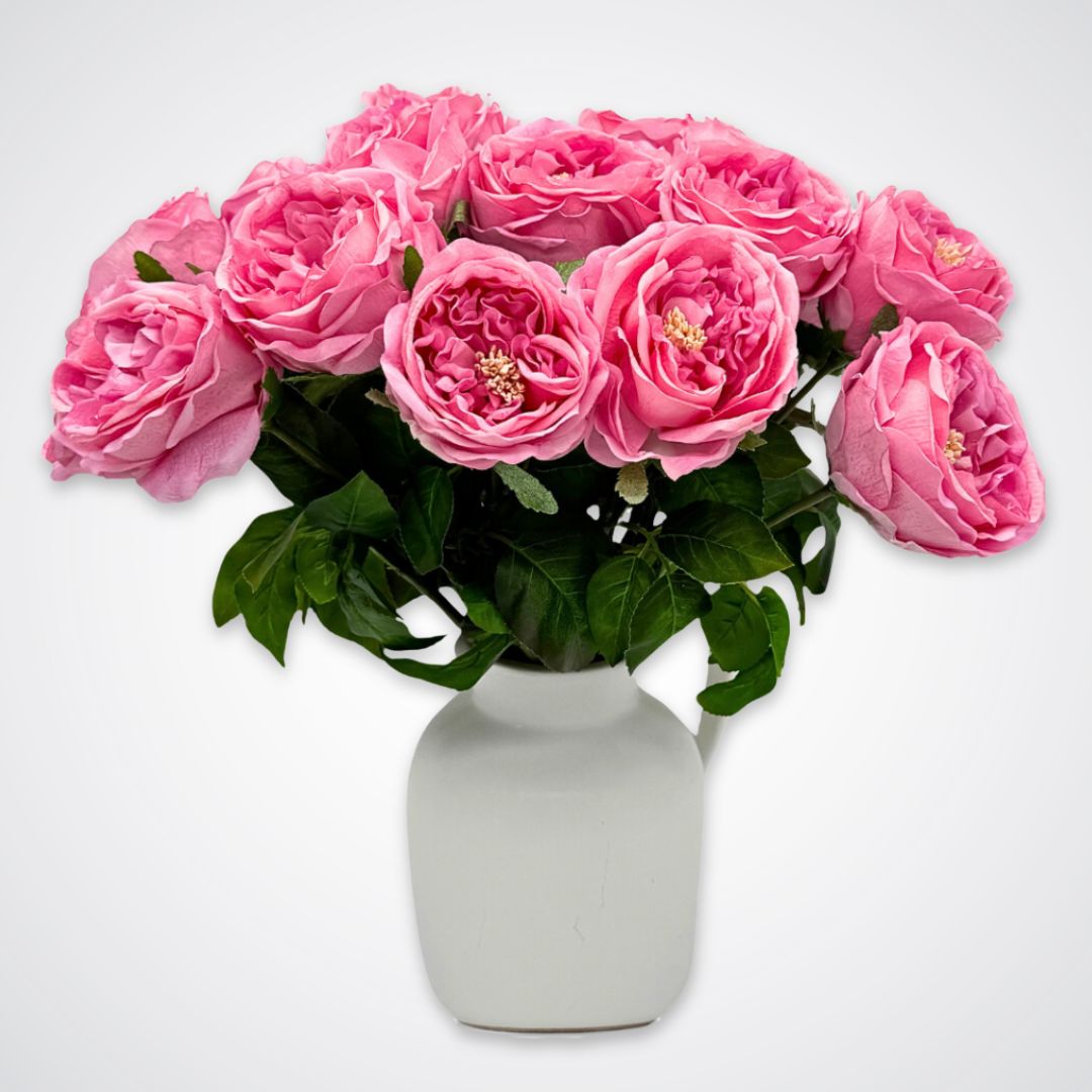 Vase full of Austin style artificial roses in a deep pink colour with realistic Real Touch petals, from My Faux Florist artificial flowers Canada.