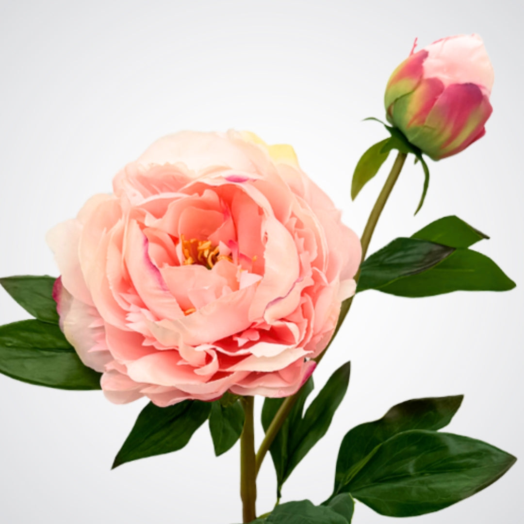 Pink artificial peony spray showing 1 full bloom and a bud from My Faux Florist Canada.