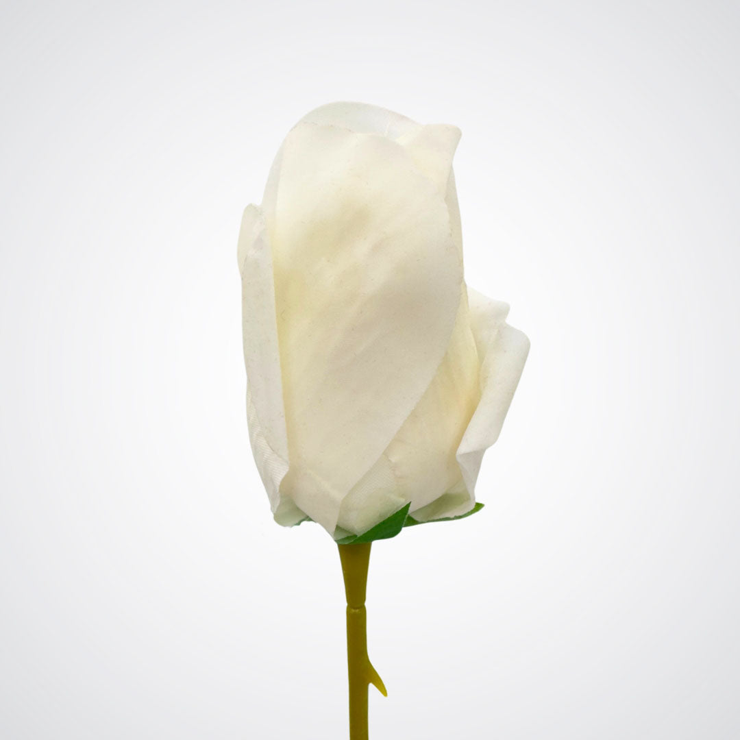 Close-up of single artificial rosebud in soft white with classic silhouette, by Faux Florist Canada