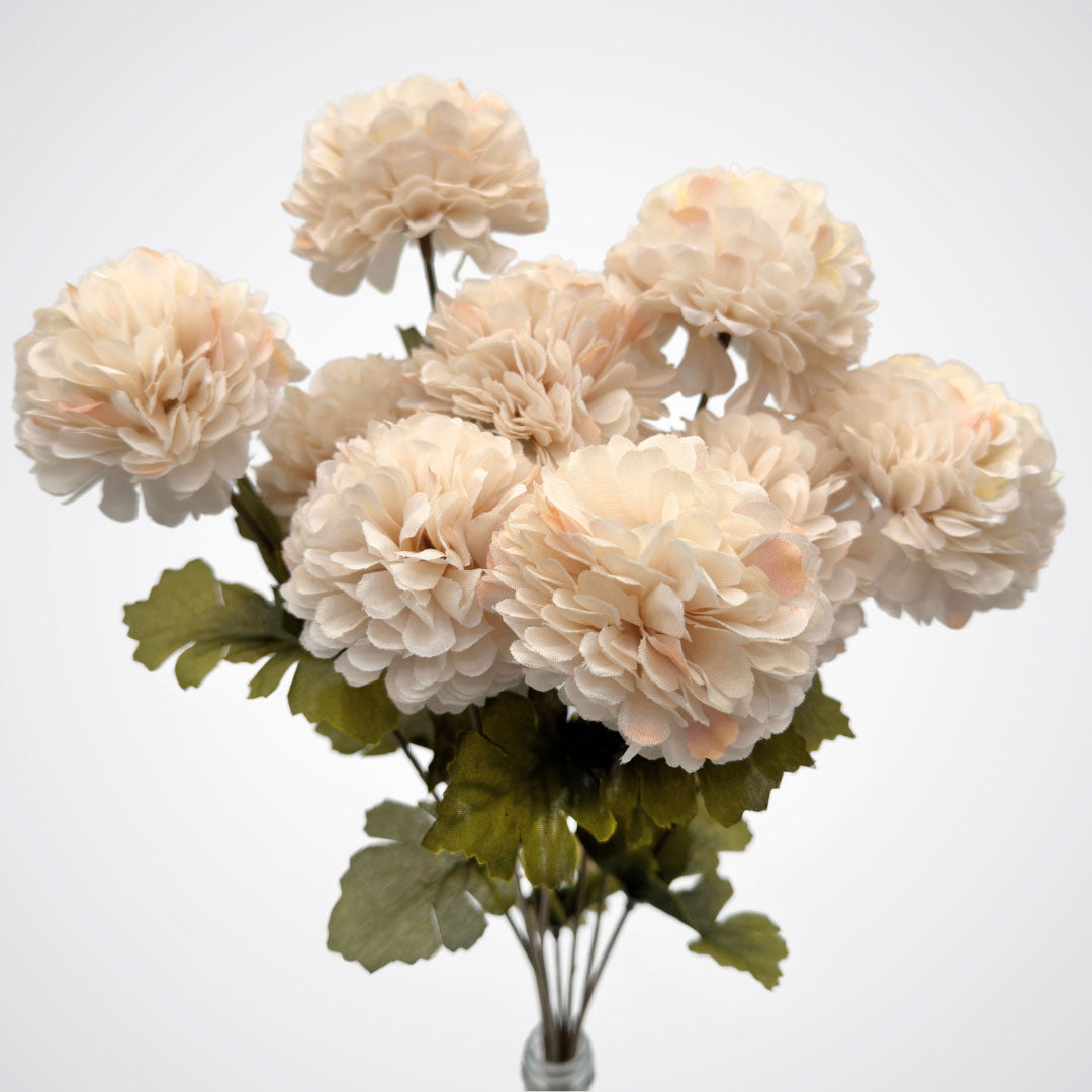 Close up of a bunch of cream-colored artificial chrysanthemum flowers on a white background, by My Faux Florist artificial flowers Canada.