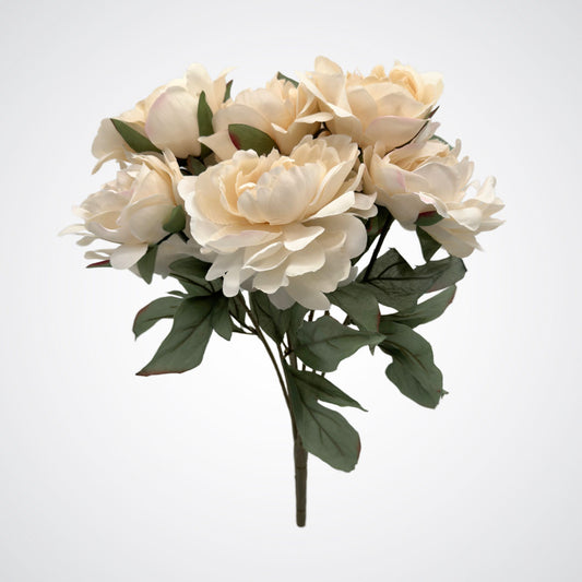 Full length stem view of an ivory artificial peony bush with full, round-shaped petals by My Faux Florist Canada