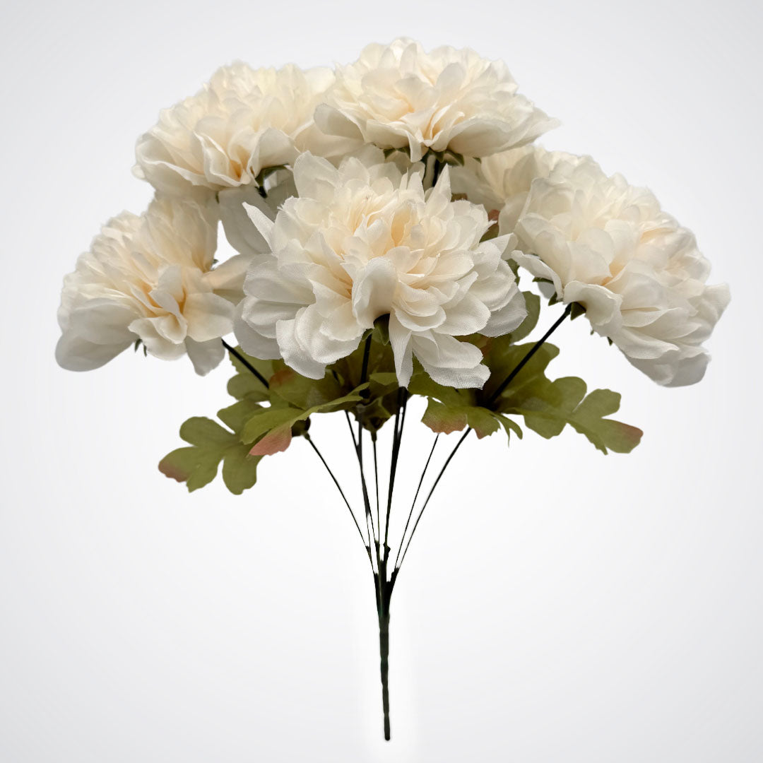 Full stem view of an ivory artificial dahlia bush with full, round-shaped petals by My Faux Florist Canada