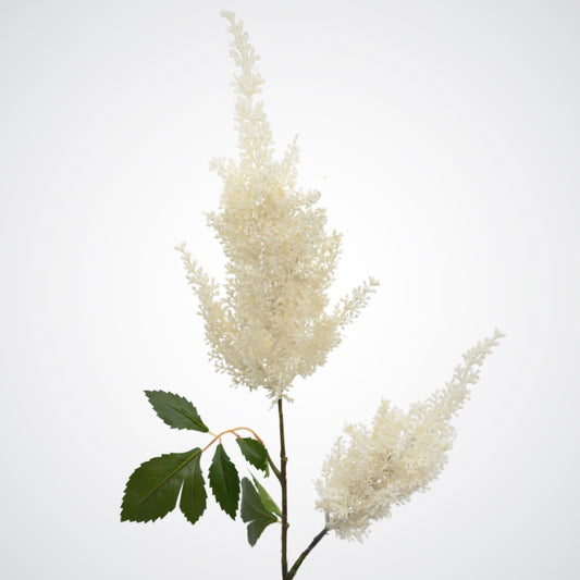 View of the white bloom head which is 2 branches of blooms, on a white artificial astilbe flower made by Real Touch, from My Faux Florist Canada