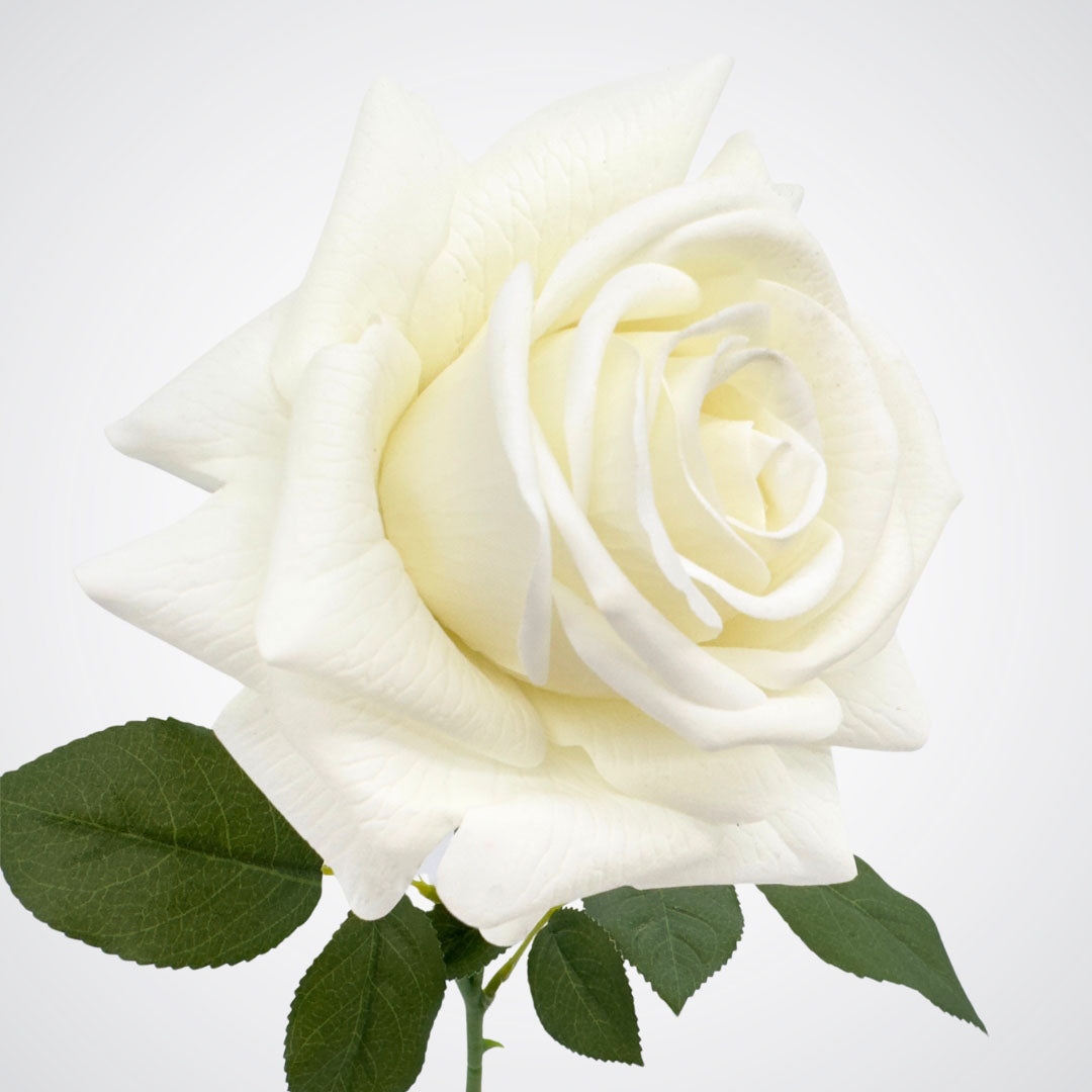 Close-up of a white artificial rose with green leaves on a light gray background