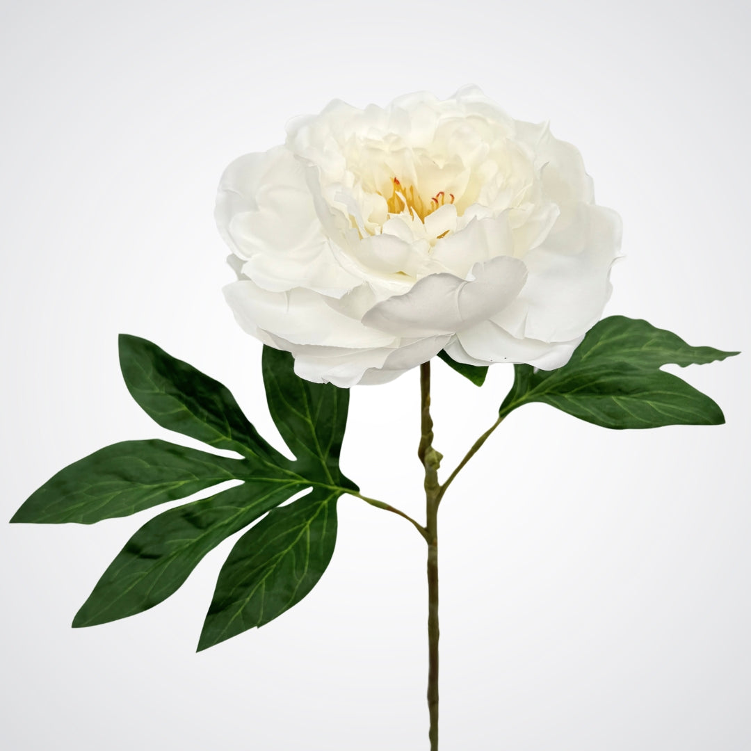 White artificial peony bloom on green stem, by Faux Florist Canada