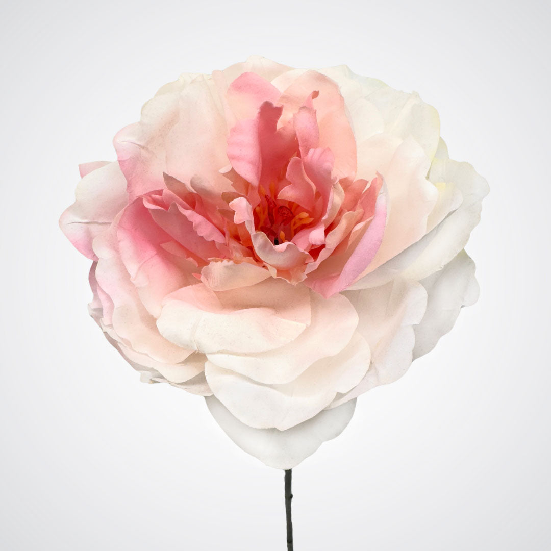 Close up of a silk peony bloom in white and pink, by My Faux Florist artificial flowers Canada.