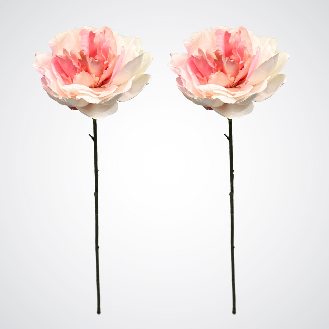 Two pink and white artificial silk peonies on stems against a light gray background, from My Faux Florist artificial flowers Canada.