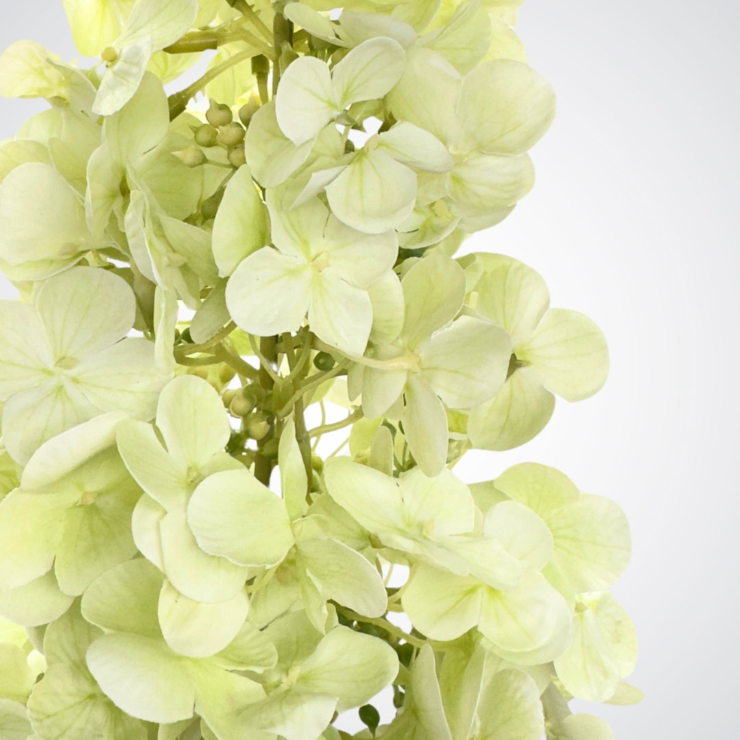 Close up of Real Touch petals from a pale green artificial hydrangea flower from My Faux Florist Canada.