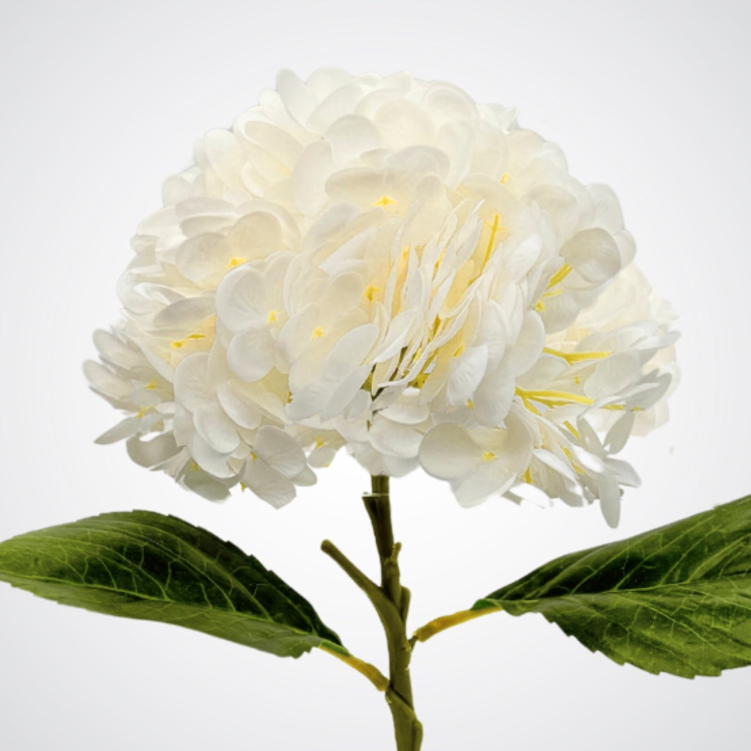 White faux hydrangea flower head with realistic detail and soft volume