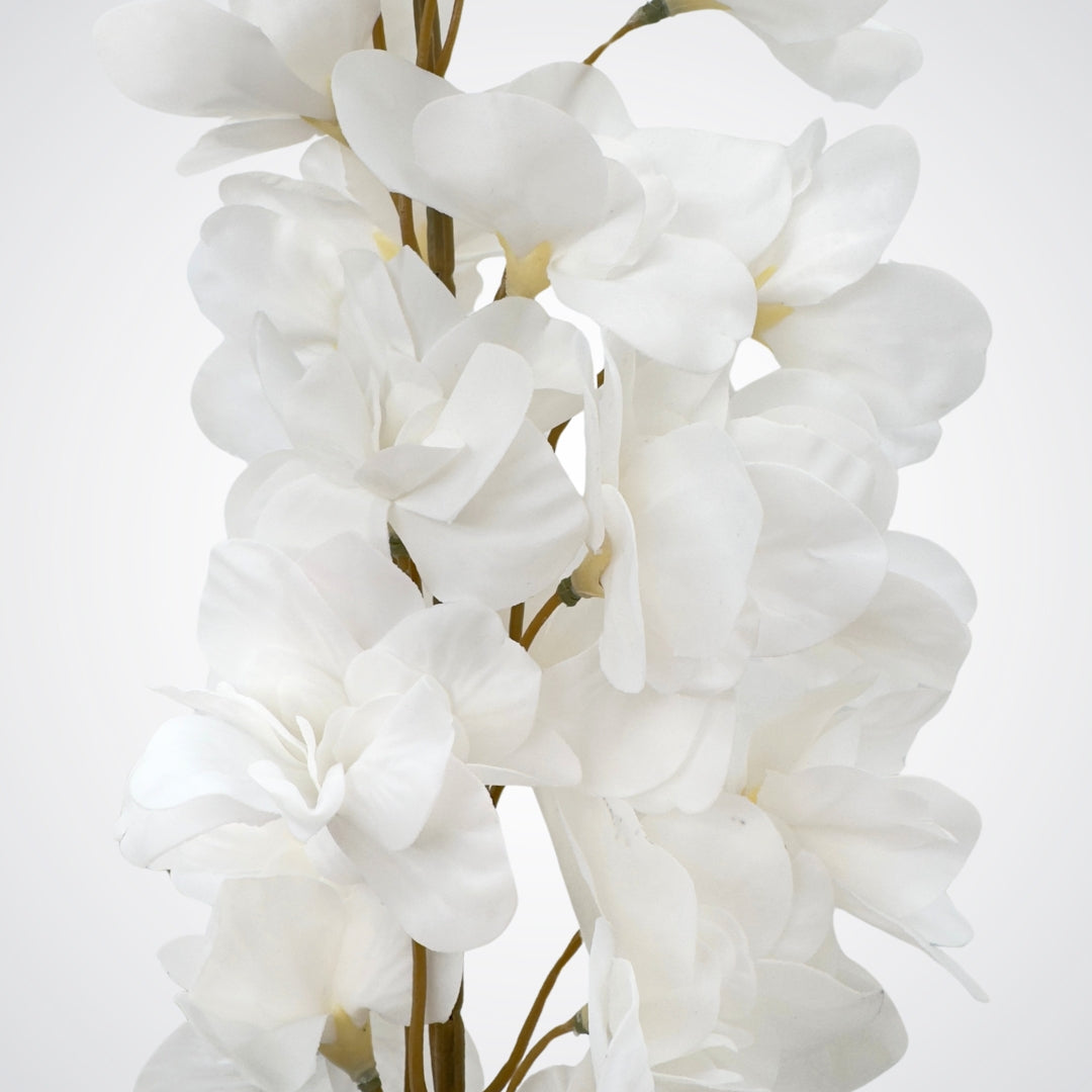 Close up of Real Touch petals on a white artificial delphinium flower from My Faux Florist Canada.