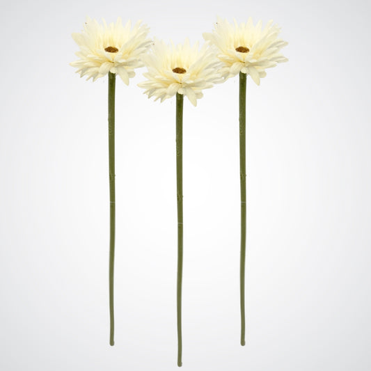 Three faux white Gerbera Daisy stems with Real Touch finish on white background
