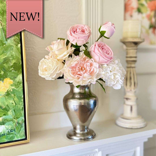 Realistic Real Touch artificial flower arrangement in a silver vase featuring blush artificial roses, ivory artificial roses, soft pink artificial peonies, and white artificial dahlias — from My Faux Florist Canada.