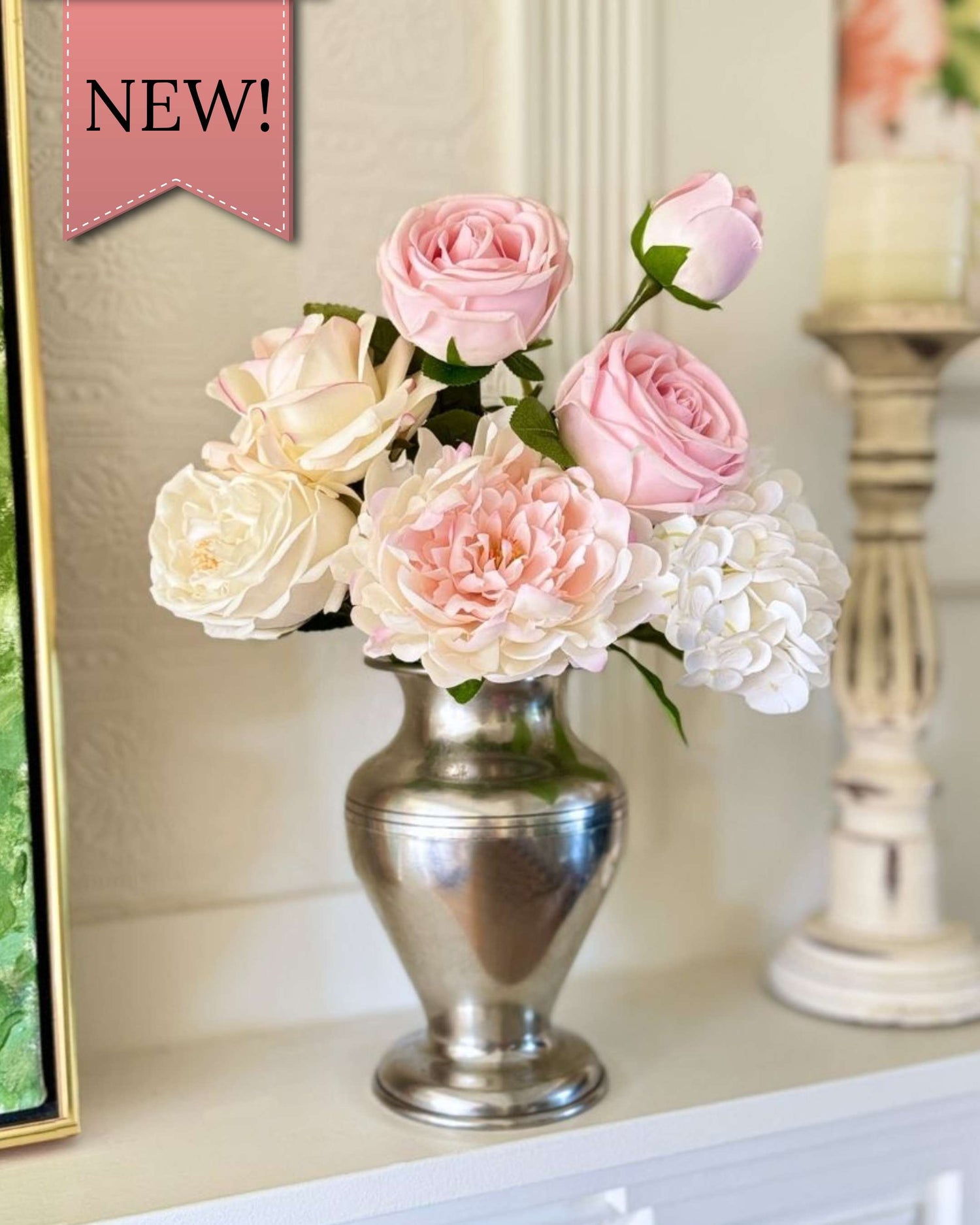 ealistic artificial flower arrangement in a silver vase featuring blush artificial roses, ivory artificial roses, soft pink artificial peonies, and white artificial dahlias — from My Faux Florist Canada.