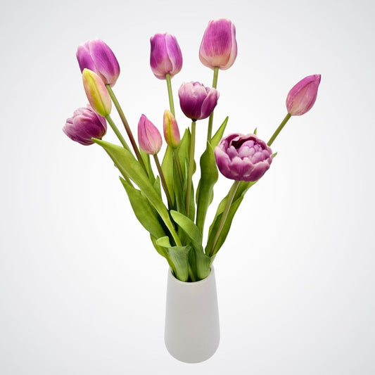 Bouquet of purple artificial tulips on a light gray background, for My Faux Florist Canada