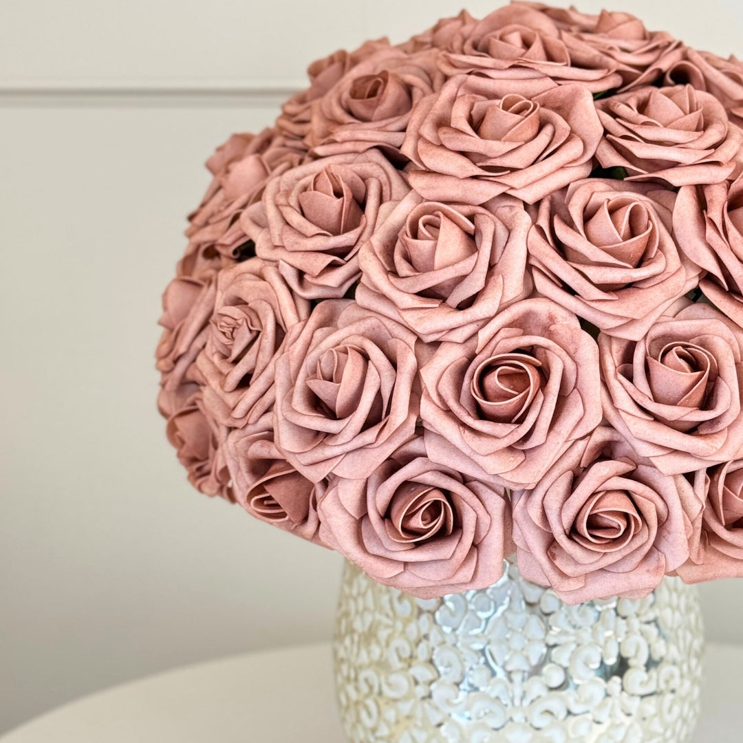 Vase filled with dusty rose coloured foam faux roses for wedding, by My Faux Florist Canada