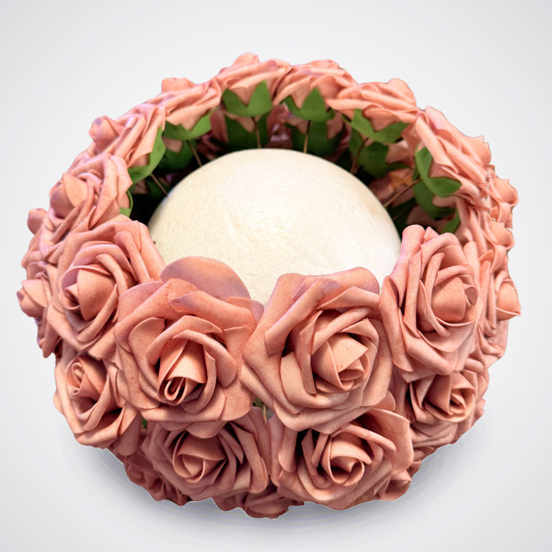Styrofoam half round that is half filled with dusty rose coloured foam faux roses for wedding, by My Faux Florist Canada