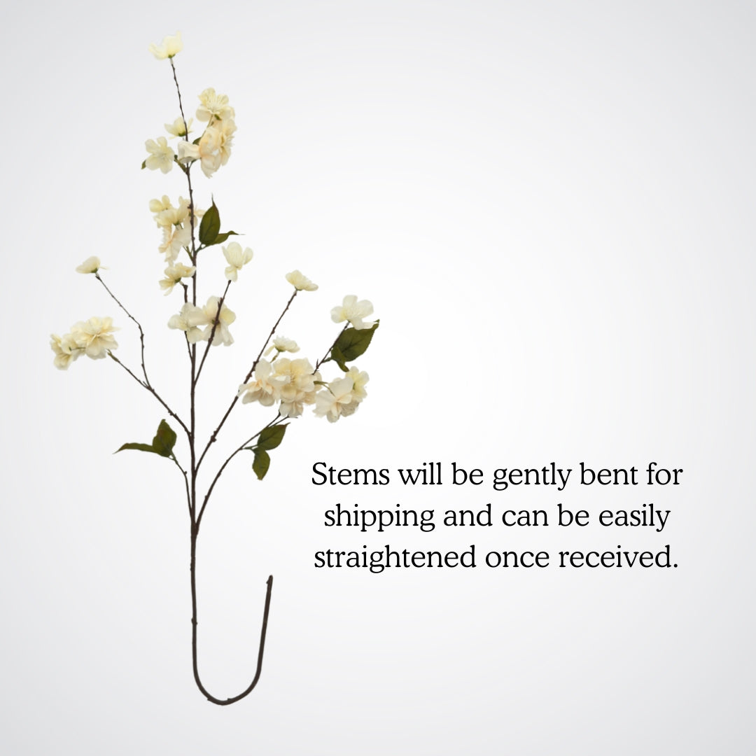 Full length bent white artificial cherry blossom branch, by My Faux Florist artificial flowers Canada.