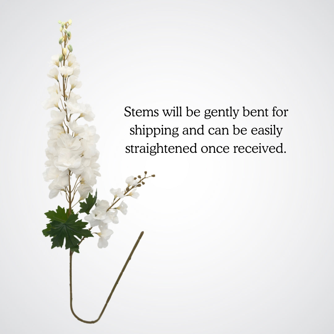 Full length bent white artificial delphinium flower from My Faux Florist Canada.
