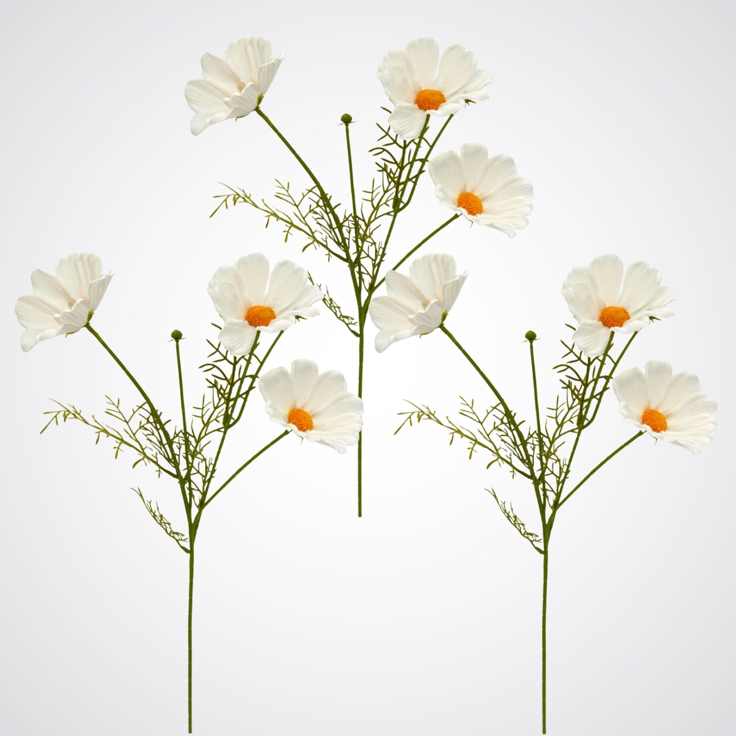 Set of 3 faux cosmos stems with small white blooms and garden-style texture