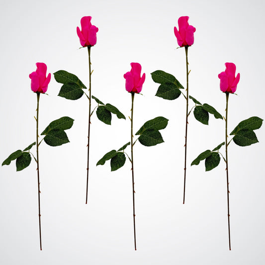 5 bright pink artificial roses with green leaves on a white background from My Faux Florist Canada