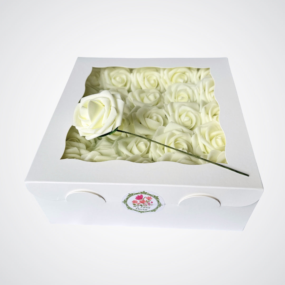 Box of white foam roses from My Faux Florist Canada.