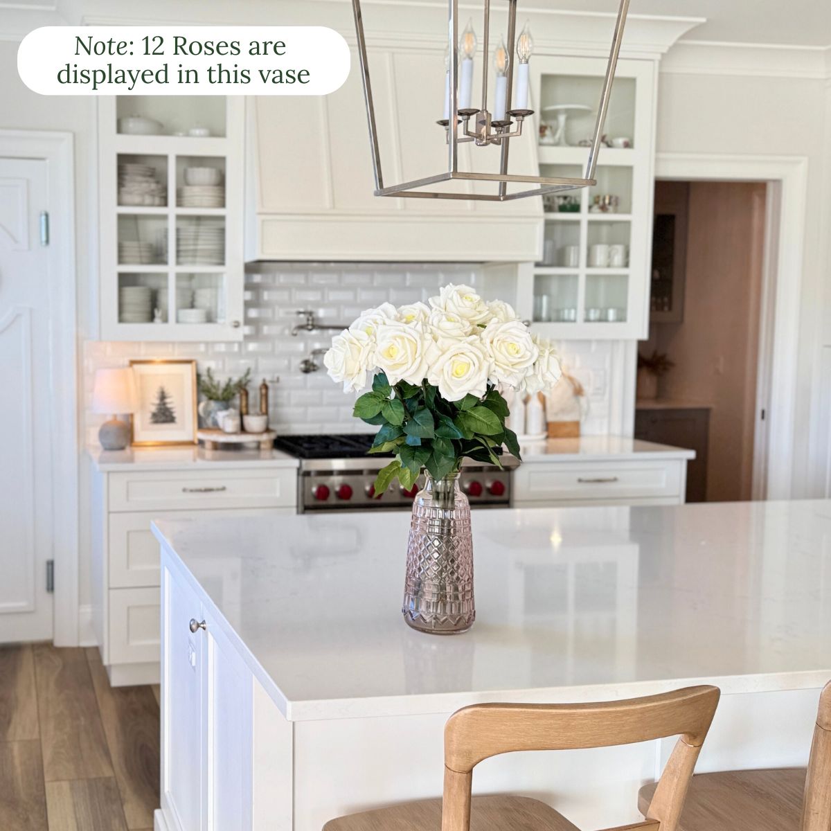 White | realistic Real Touch artificial roses for Valentines on a kitchen counter | for My Faux Florist Canada