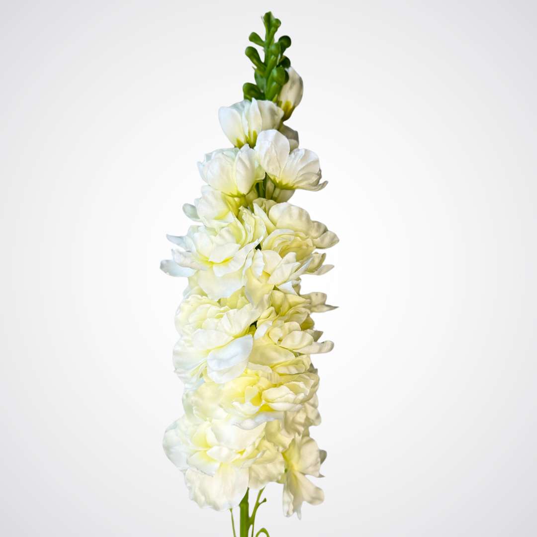 realistic silk artificial delphinium in white and green from My Faux Florist Canada