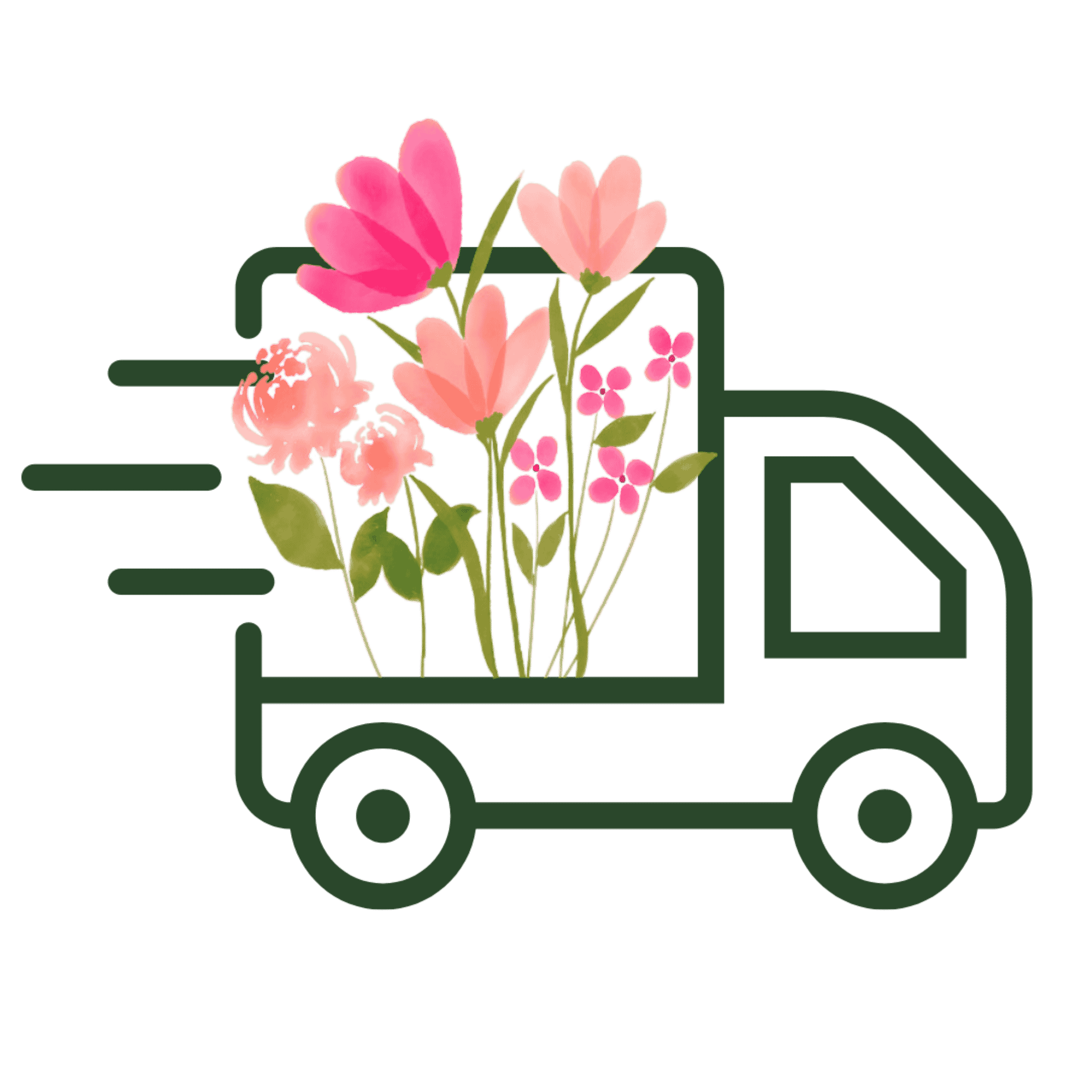 Artificial Flowers Canada. Green delivery truck icon filled with pink faux flowers and leaves. Illustration used for flower delivery messaging by My Faux Florist.