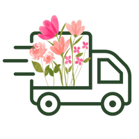 Artificial Flowers Canada. Green delivery truck icon filled with pink faux flowers and leaves. Illustration used for flower delivery messaging by My Faux Florist.