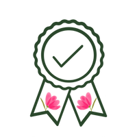Artificial Flowers Canada. Green ribbon badge icon with checkmark and pink faux flowers, representing consistent quality by My Faux Florist.