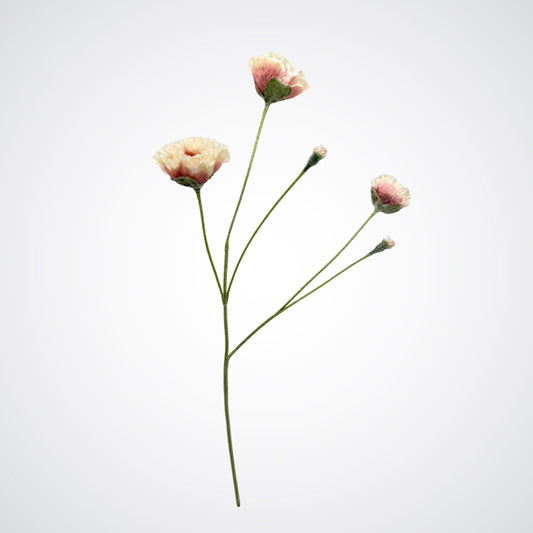 Realistic silk poppy with pale pink and cream petals on thin green stems, arranged against a clean white background. For My Faux Florist Canada.
