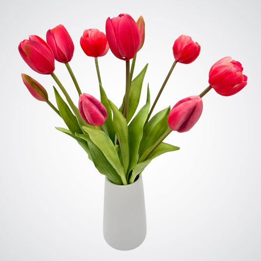 Bouquet of dark pink artificial tulips on a light gray background, for My Faux Florist Canada
