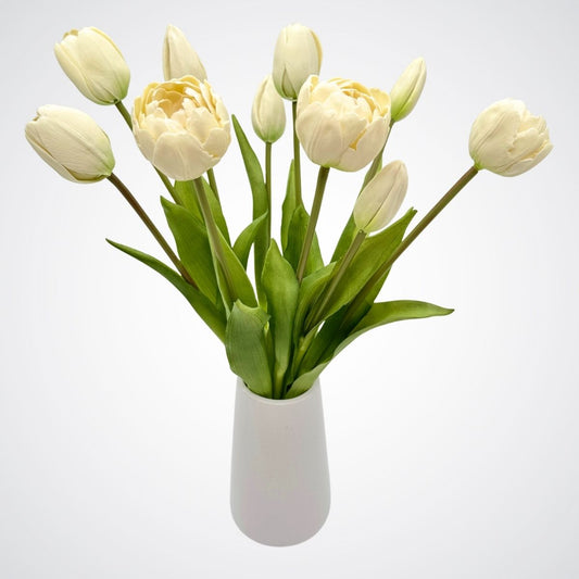 Bouquet of white artificial tulips in a white vase on a light gray background, for My Faux Florist Canada